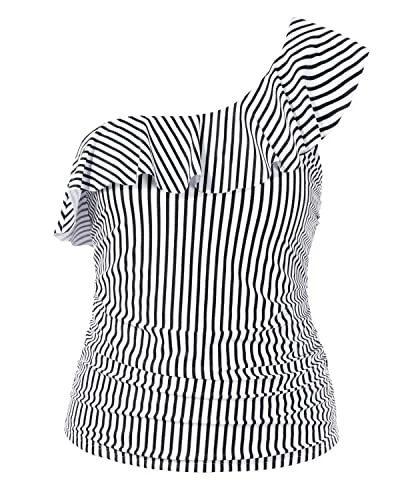 Flattering One Shoulder Swim Tops Women's Ruffle Tankini Tops with Strapless Design