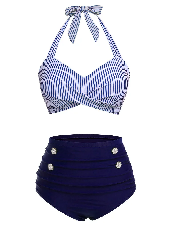 Blue 1940s Striped Halter Swimsuit Set