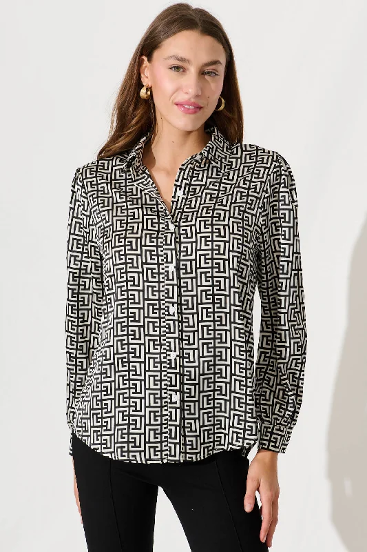 Arlaine Shirt In Black And White Geometric Satin