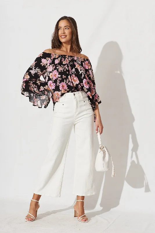 Ezekiel Blouse In Black With Mauve Floral