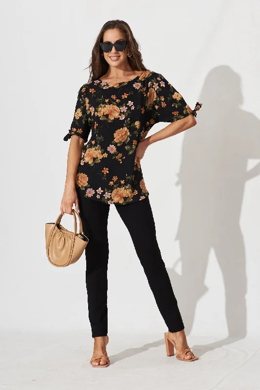 Cityscape Top In Black With Apricot Floral