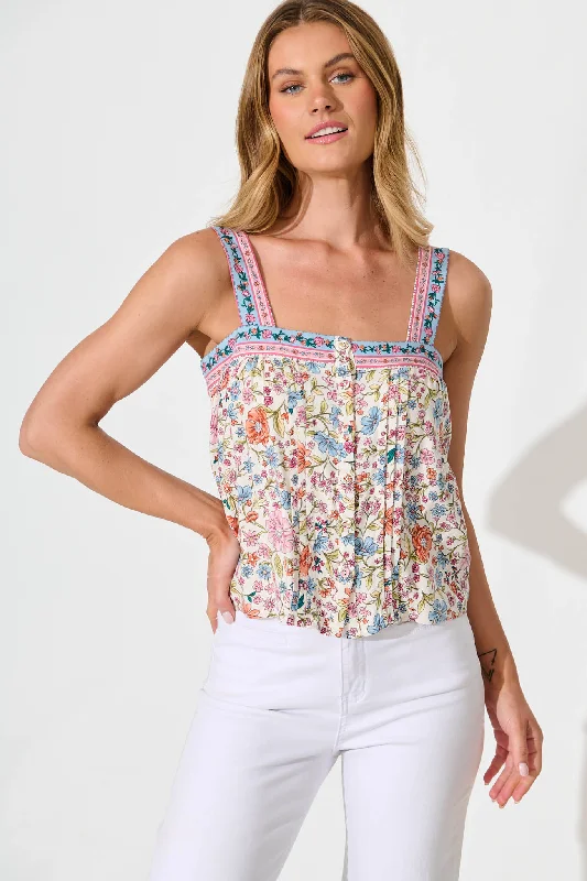 Liliana Cami Top In White with Multi Floral Border Print