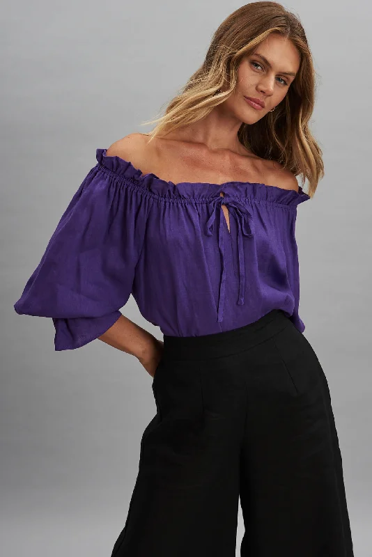 Evalyn Top In Purple Pure Linen