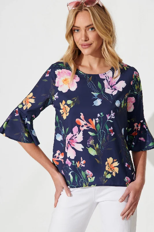 Tai Top In Navy With Multi Floral Print