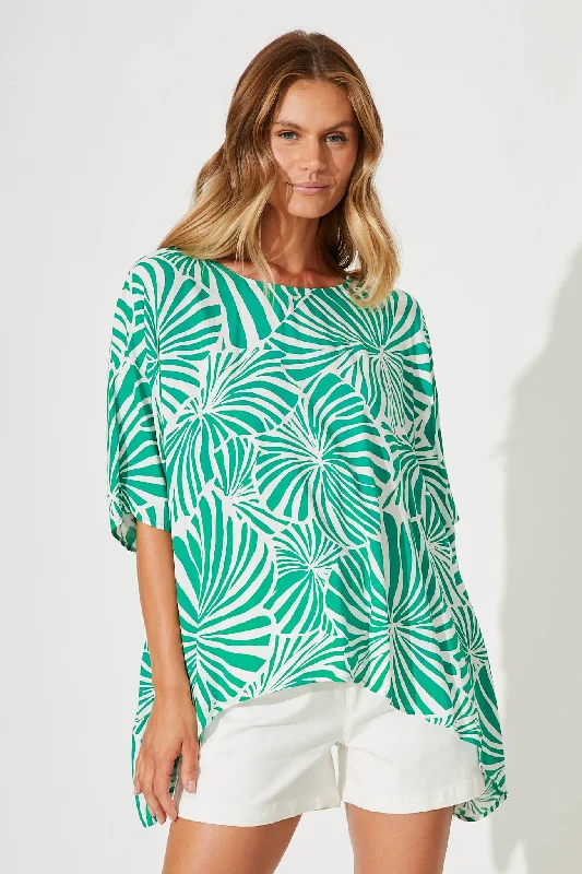 Sonica Top In Green And White Palm Print