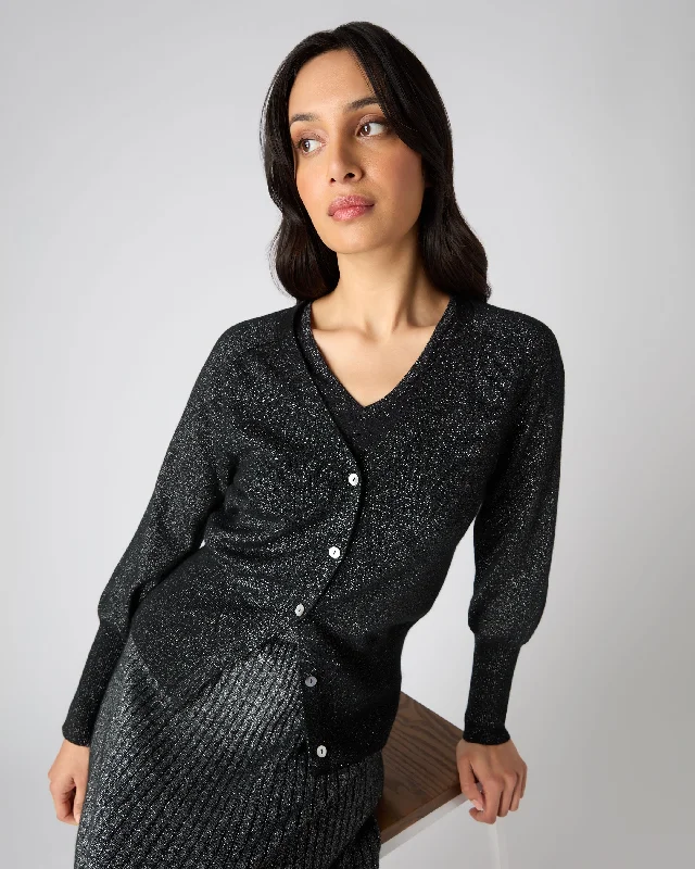 Women's V Necked Cashmere Cardigan With Lurex Black Sparkle