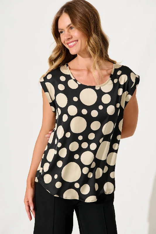 Rejina Top In Black With Cream Spot Satin