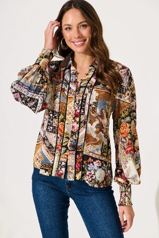 Zariya Shirt In Black Multi Patchwork With Ric Rac Trim