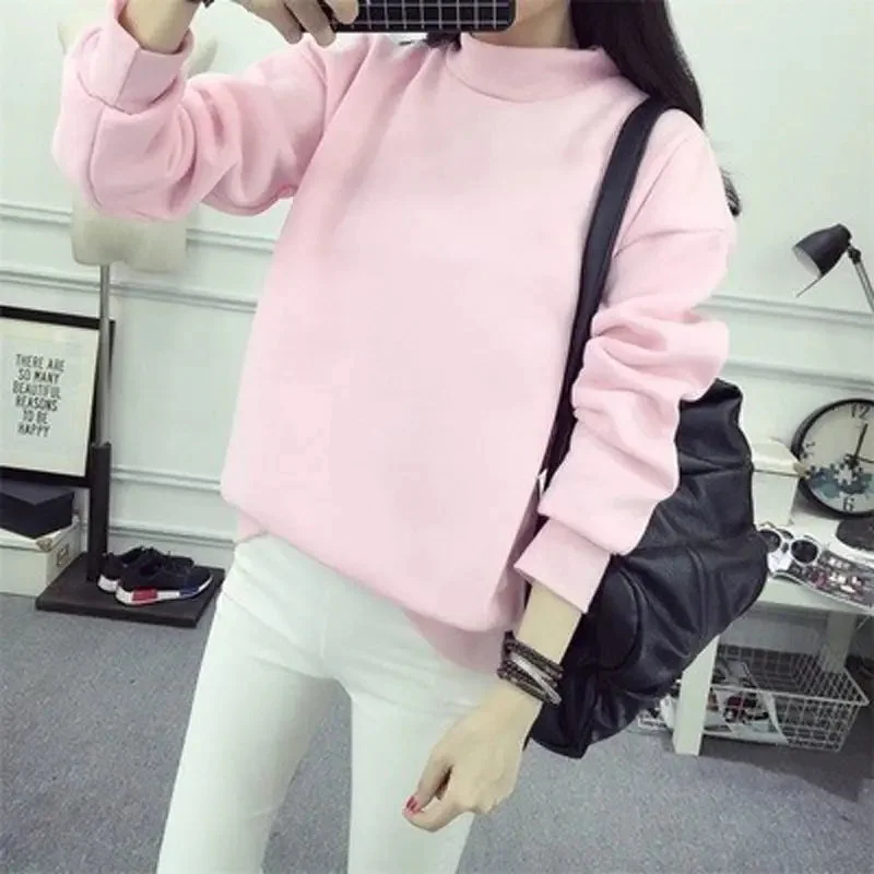 Women's Solid Color Plush Small Standing Collar Pullover Hoodie