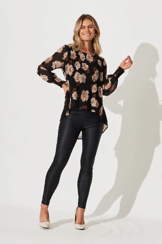 Phoebe Top In Black With Brown Floral Chiffon