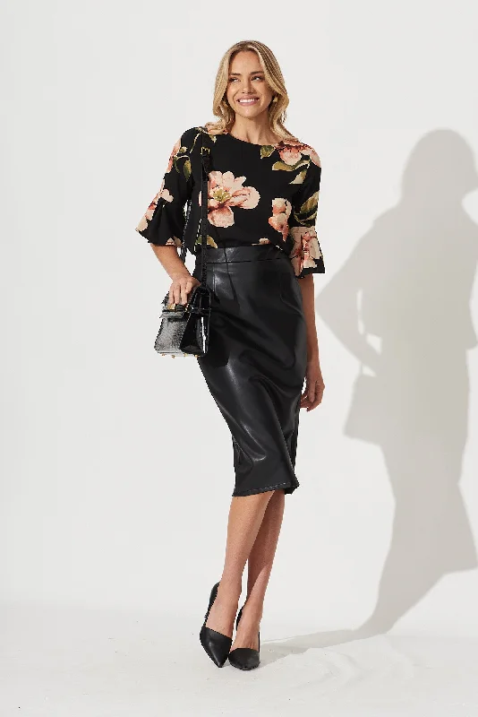 Tai Top In Black With Blush Floral Bubble Crepe