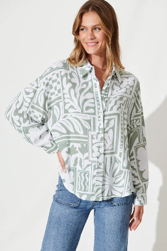 Gwendolyn Shirt In White With Sage Abstract Linen Blend