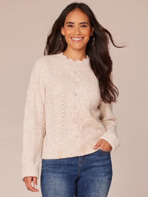 Long Sleeve Scallop Round Neck Pointelle Straight Hem Petite Sweater