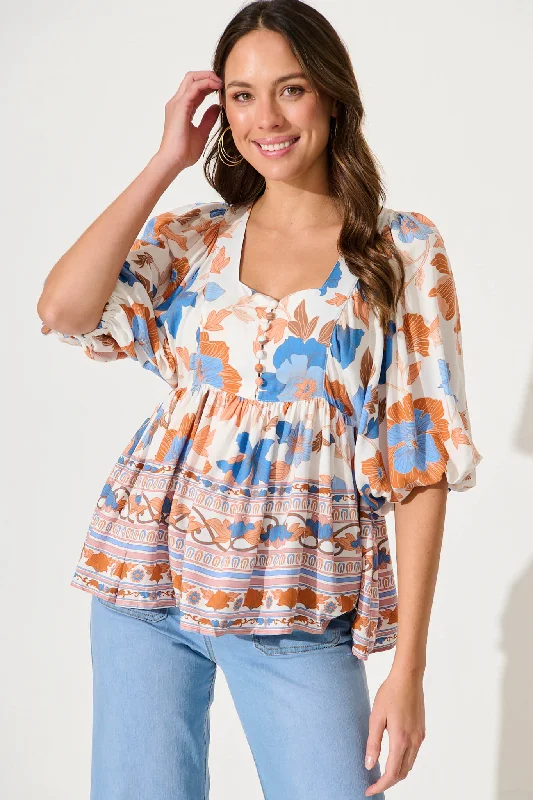 Miyah Top In White With Rust Boho Floral