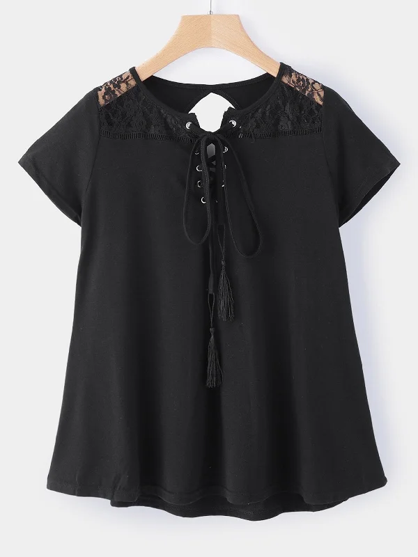 Custom Round Neck Lace Lace-Up Cut Out Short Sleeve Black T-Shirts