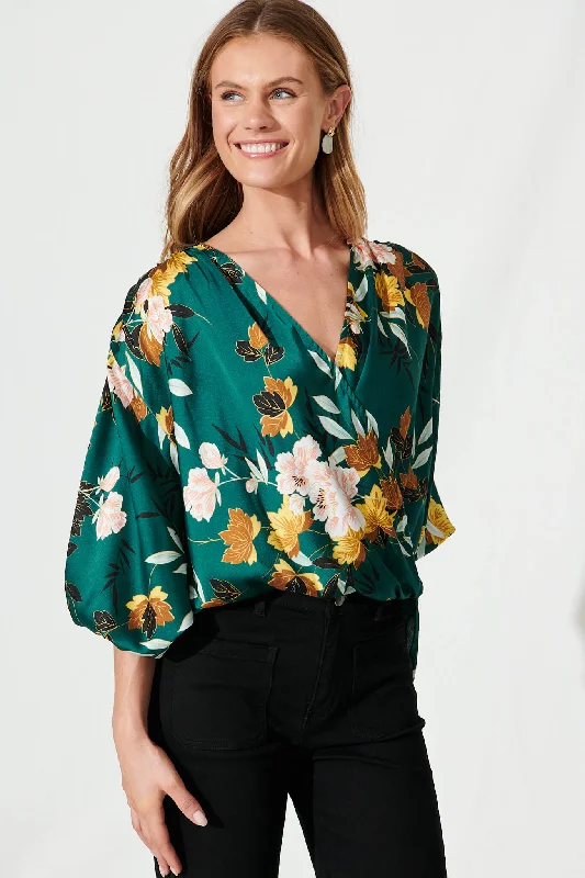 Solita Top In Emerald With Blush Floral Satin