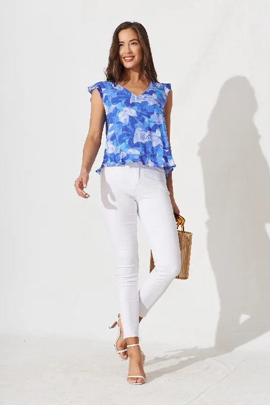 Catalinne Top In Blue Geometric Floral