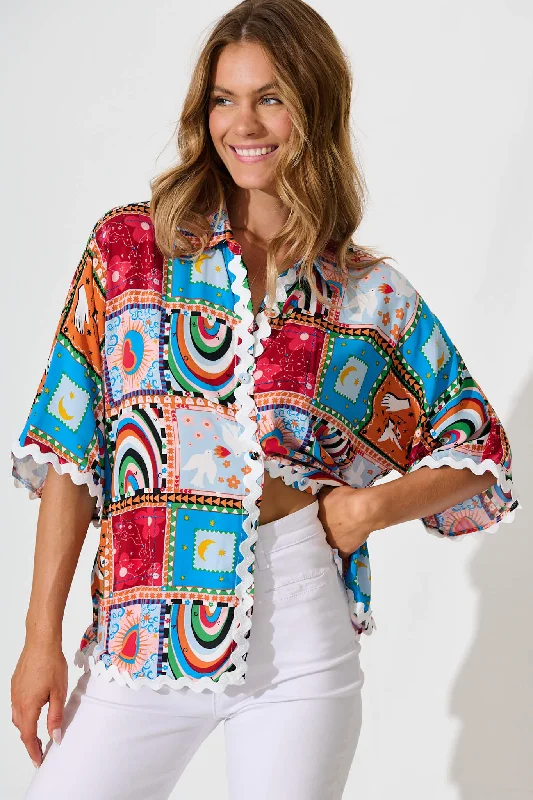 Dream Girl Shirt In Bright Multi Print With Ric Rac Trim