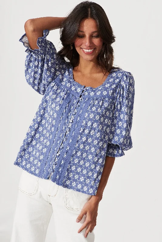 Moonflower Top In Blue With White Print