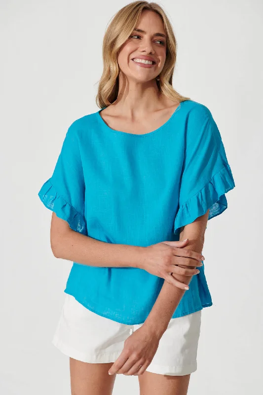 Ebby Top In Aqua Linen Blend