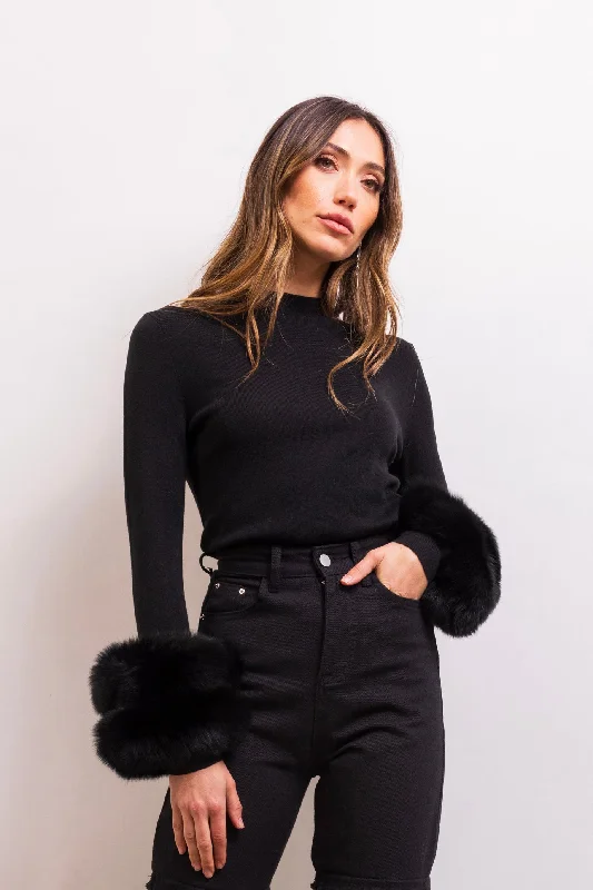 Samara Removable Fur Cuff Wool Sweater in Black