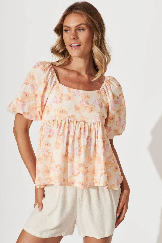 Oracle Top In Peach With Pink Floral Linen Blend