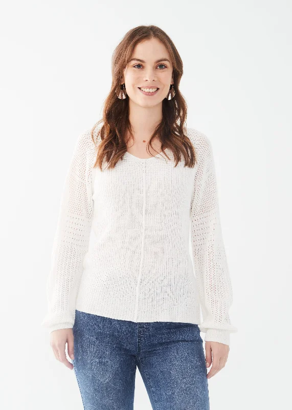 Long Pointelle Sleeve V-Neck Sweater