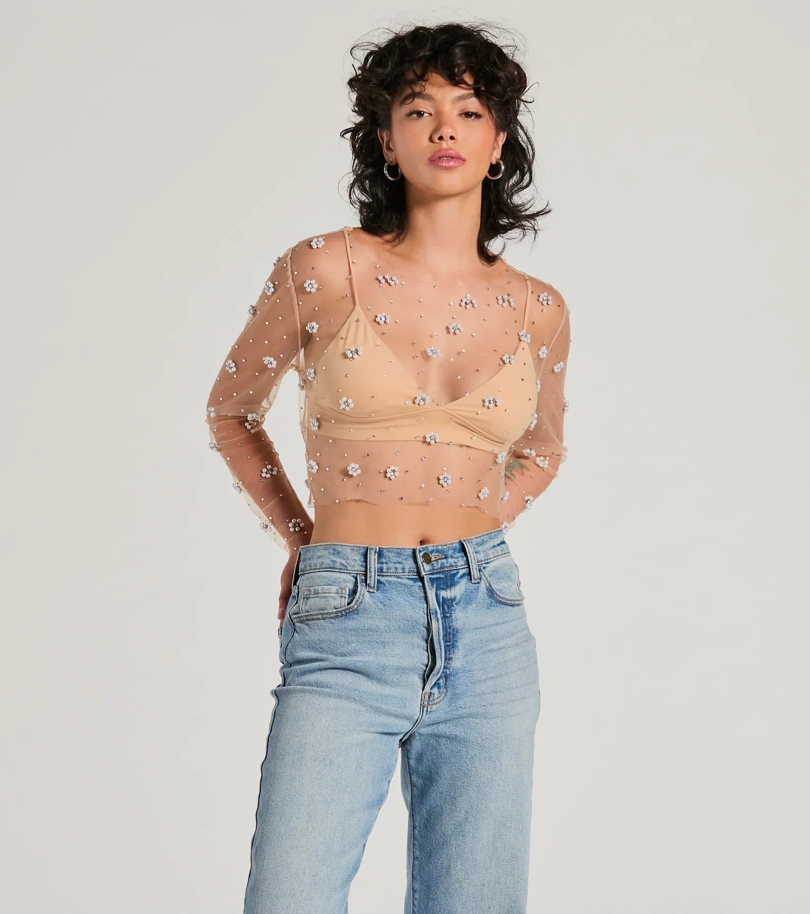 Flirty Floral Rhinestone Pearl Sheer Mesh Crop Top