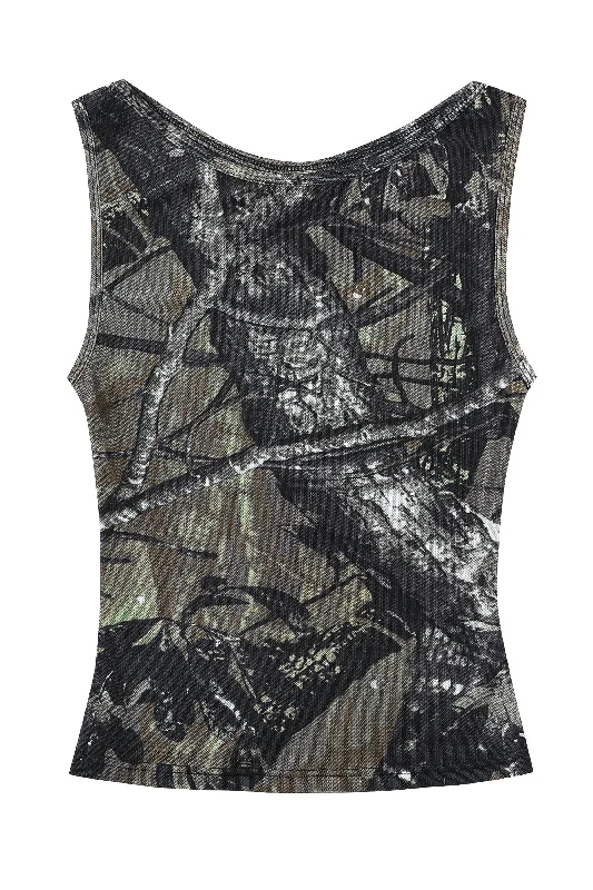 Boat Neck Mesh Shift Tank Forest Camo