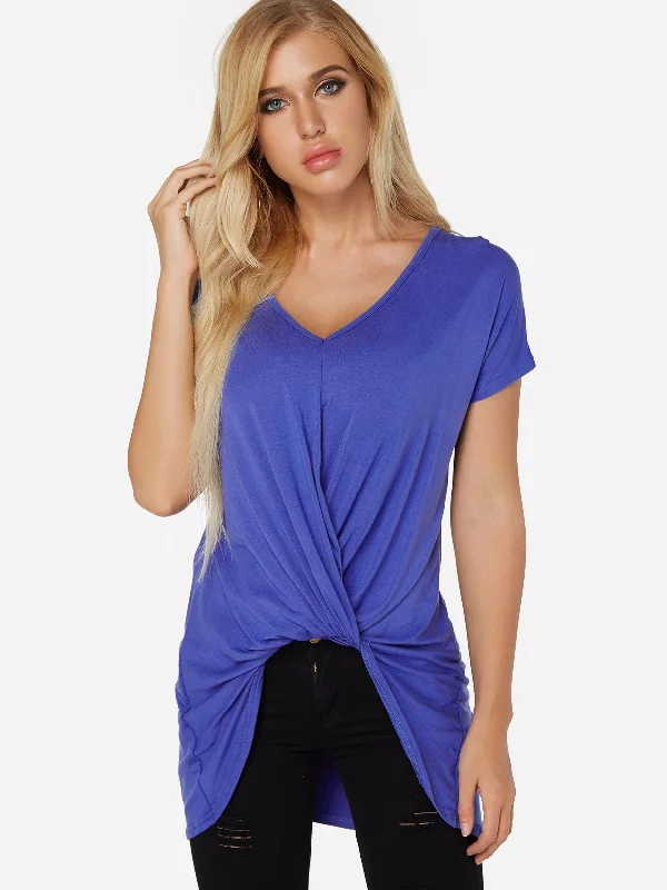 Wholesale V-Neck Plain Crossed Front Short Sleeve Irregular Hem T-Shirts