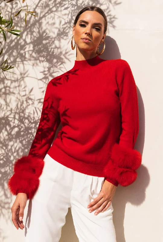 Eva Removable Fur Cuff Wool Sweater in Red