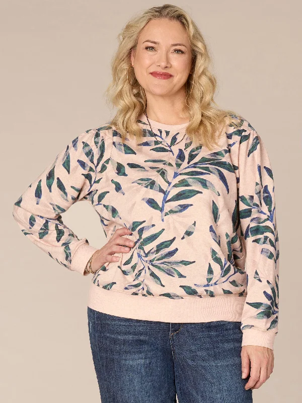 Long Banded Sleeve Scoop Neck Leaf Print Plus Size Knit Sweatshirt