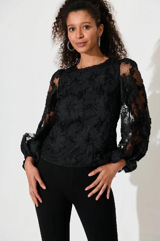 Zoelle Top In Black Floral Organza