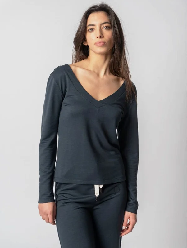 Lyocell V Neck Long-Sleeve Top | Blue