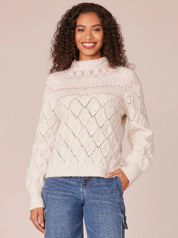 Long Sleeve Round Neck Fair Isle Pointelle Petite Sweater