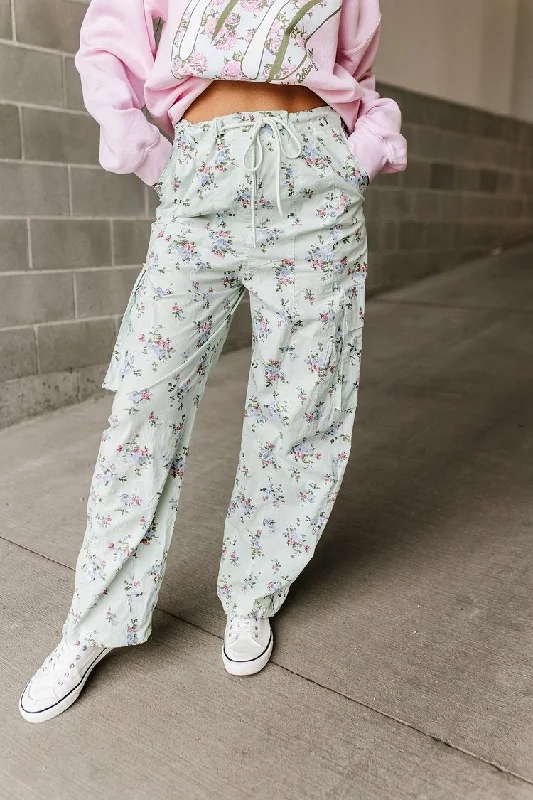 Floral Cargo Pants - Mint