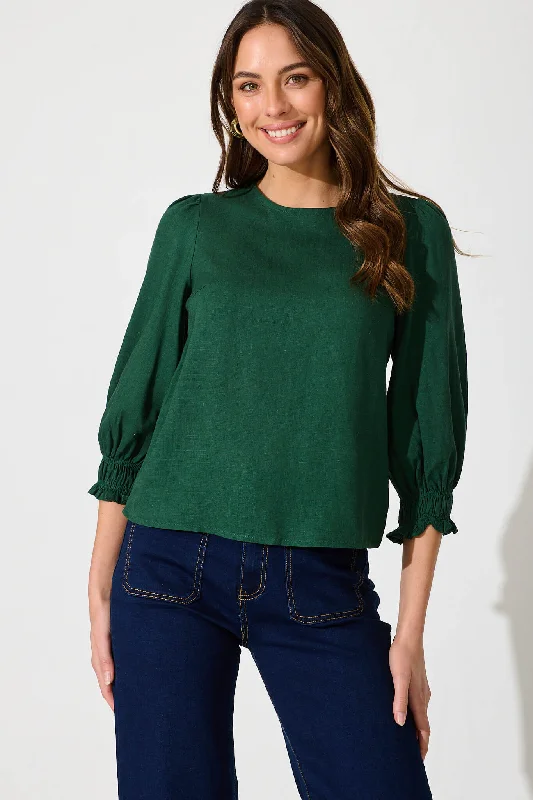 Lanie Top In Emerald Cotton Linen