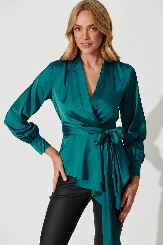 Wanda Wrap Top In Teal Satin