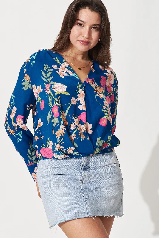 Gwyneth Mock Wrap Top In Blue With Pink Floral Print