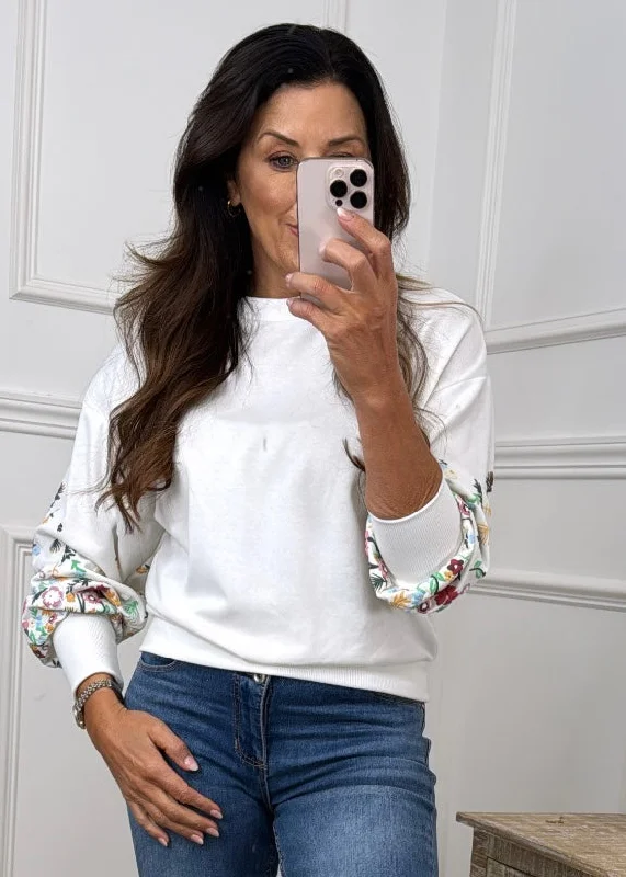 Brooke White Flower Sleeve Sweatshirt