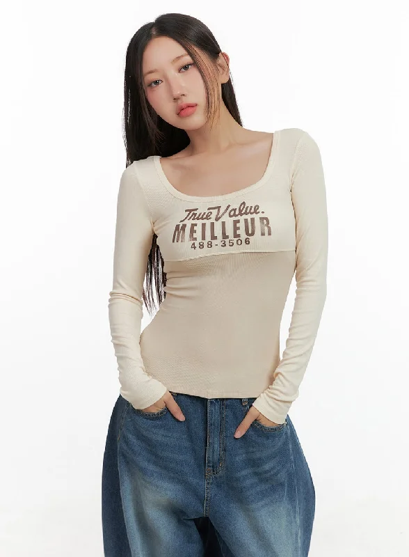 Mixed Color U-Neck Letter Print Slim Tee CO404