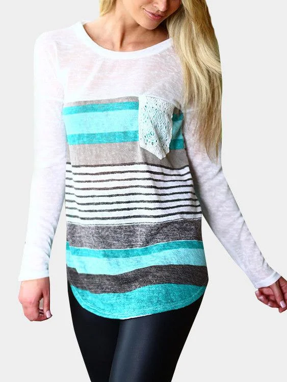 Custom Round Neck Stripe Lace Long Sleeve Curved Hem Blue T-Shirts