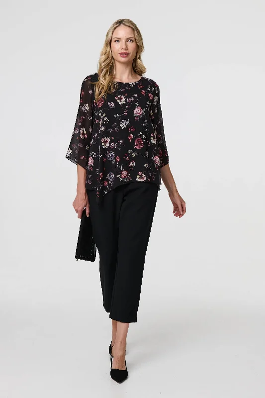 Floral Semi Sheer Hanky Hem Blouse