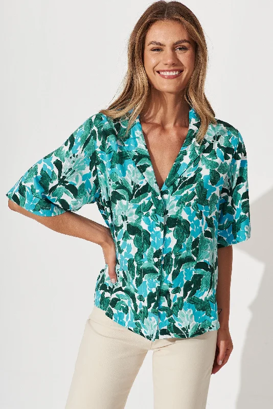 Florentio Shirt In Green With Blue Leaf Print