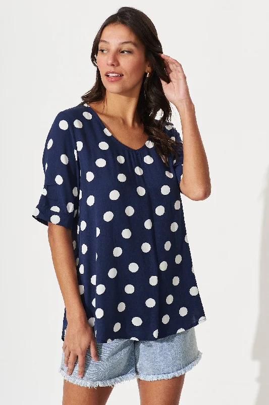 Laura Top In Navy With White Polka Dot