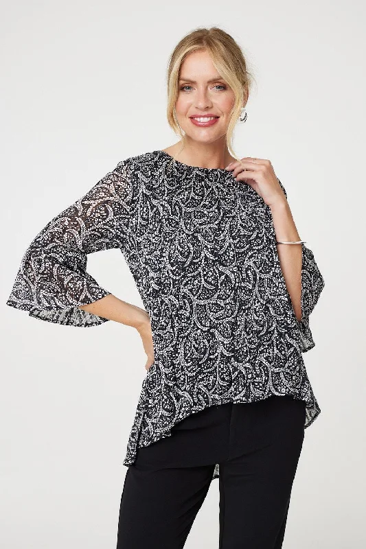 Leaf Print 3/4 Sleeve High Low Blouse