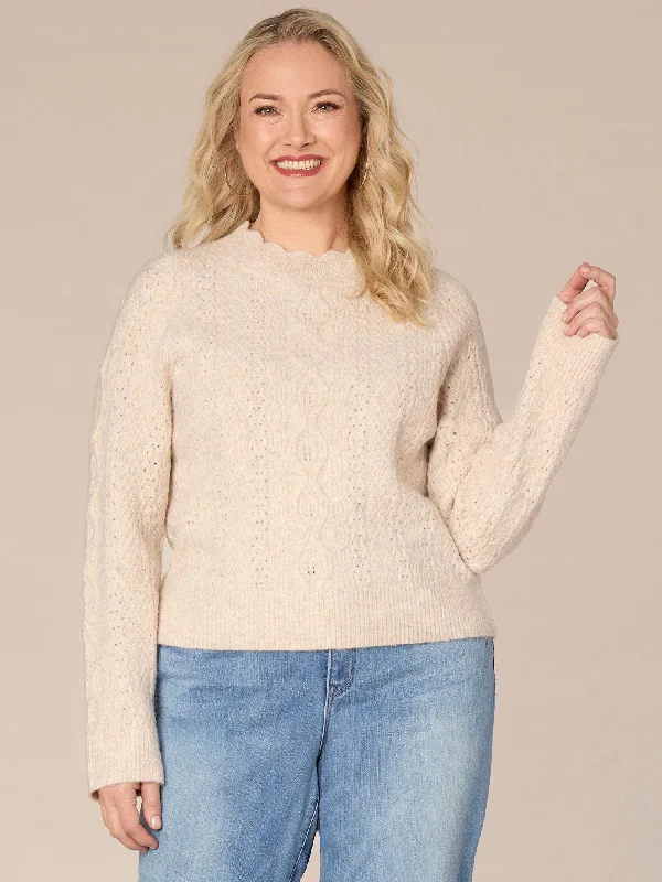 Long Sleeve Scallop Edge Round Neck Plus Size Pointelle Sweater