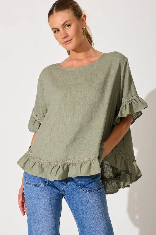 Catharina Top In Khaki With Ric Rac Trim Linen Blend