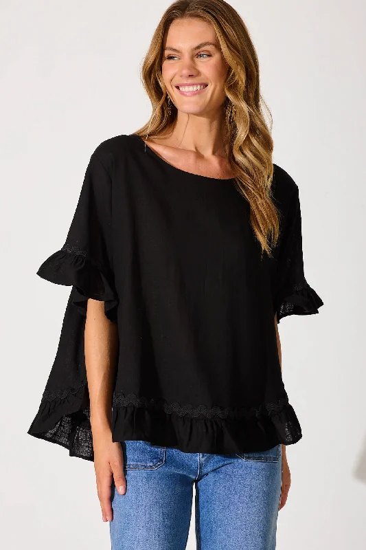 Catharina Top In Black With Ric Rac Trim Linen Blend