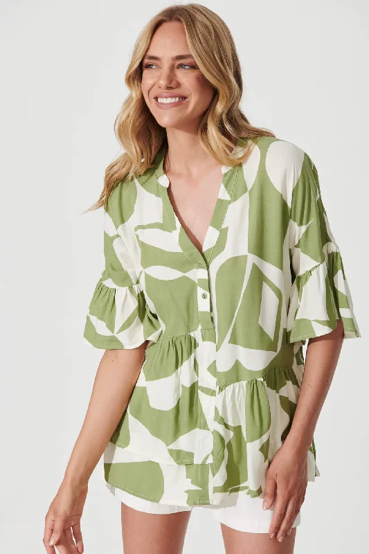 Relia Top In Olive And Cream Geometric Print